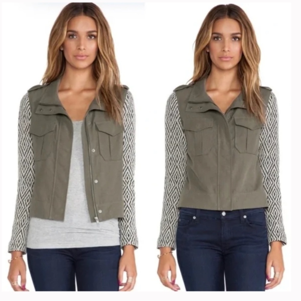 Ella Moss Minka Utility Jacket Olive Green & Patterned Aztec Print Sleeves Sz S